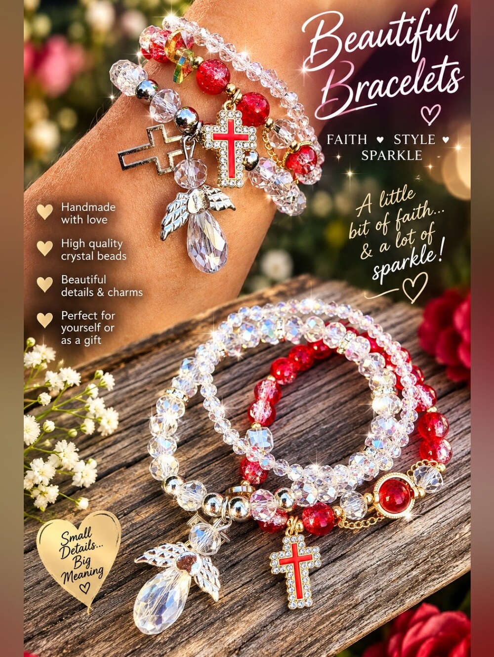 Red & Clear Crystal Cross, Angel Charm Bracelet Set
